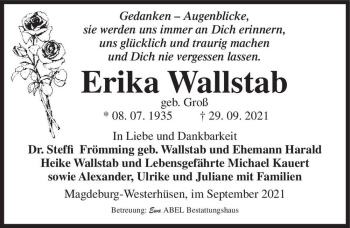 Traueranzeige von Erika Wallstab (geb. Groß)  von Magdeburger Volksstimme