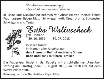 Traueranzeige von Erika Walluscheck (geb. Hamann)  von Magdeburger Volksstimme