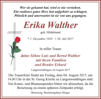 Traueranzeige von Erika Walther (geb. Hildebrand)  von Magdeburger Volksstimme