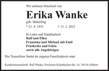 Traueranzeige von Erika Wanke (geb. Heberling)  von Magdeburger Volksstimme