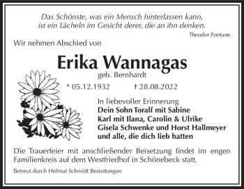 Traueranzeige von Erika Wannagas (geb. Bernhardt)  von Magdeburger Volksstimme