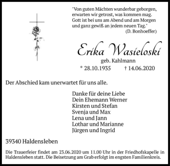 Traueranzeige von Erika Wasieloski (geb. Kahlmann)  von Magdeburger Volksstimme