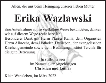 Traueranzeige von Erika Wazlawski  von Magdeburger Volksstimme