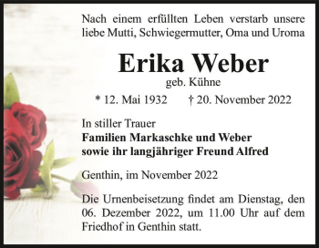 Traueranzeige von Erika Weber (geb. Kühne)  von Magdeburger Volksstimme