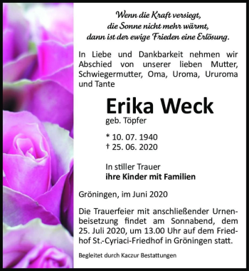 Traueranzeige von Erika Weck (geb. Töpfer)  von Magdeburger Volksstimme