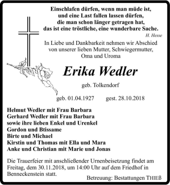 Traueranzeige von Erika Wedler (geb. Tolkendorf)  von Magdeburger Volksstimme