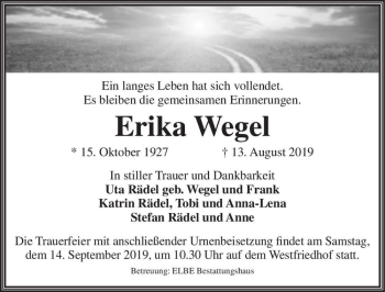 Traueranzeige von Erika Wegel  von Magdeburger Volksstimme