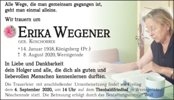 Traueranzeige von Erika Wegener (geb. Koschorrek)  von Magdeburger Volksstimme
