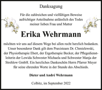 Traueranzeige von Erika Wehrmann  von Magdeburger Volksstimme