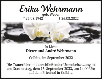 Traueranzeige von Erika Wehrmann (geb. Weber)  von Magdeburger Volksstimme