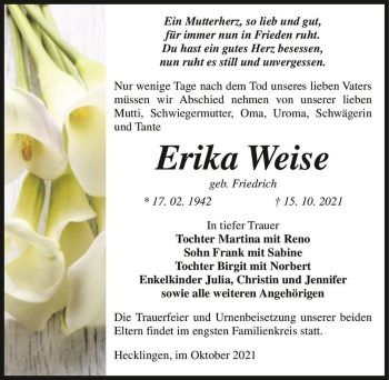 Traueranzeige von Erika Weise (geb. Friedrich)  von Magdeburger Volksstimme