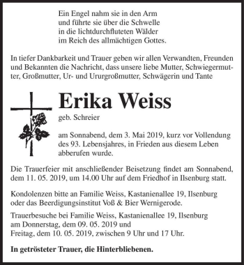 Traueranzeige von Erika Weiss (geb. Schreier)  von Magdeburger Volksstimme