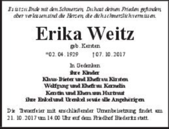Traueranzeige von Erika Weitz (geb. Kersten)  von Magdeburger Volksstimme
