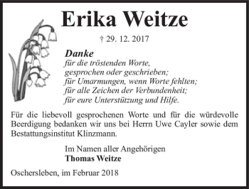Traueranzeige von Erika Weitze  von Magdeburger Volksstimme