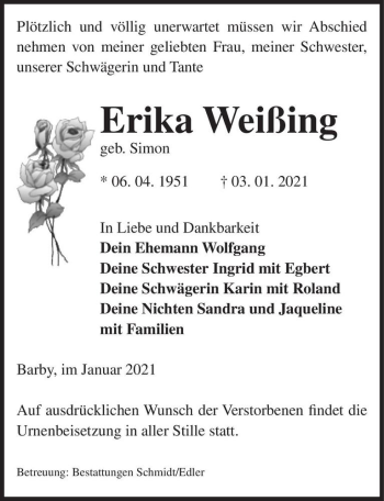 Traueranzeige von Erika Weißing (geb. Simon)  von Magdeburger Volksstimme