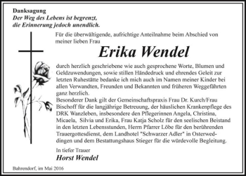 Traueranzeige von Erika Wendel  von Magdeburger Volksstimme