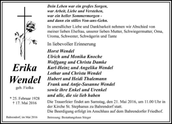 Traueranzeige von Erika Wendel (geb. Fiolka)  von Magdeburger Volksstimme