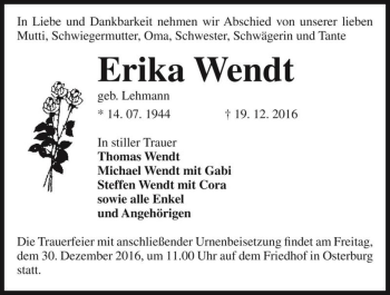 Traueranzeige von Erika Wendt (geb. Lehmann)  von Magdeburger Volksstimme