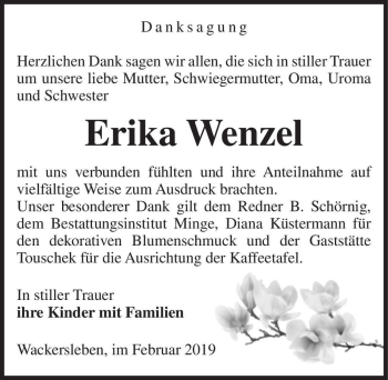 Traueranzeige von Erika Wenzel  von Magdeburger Volksstimme