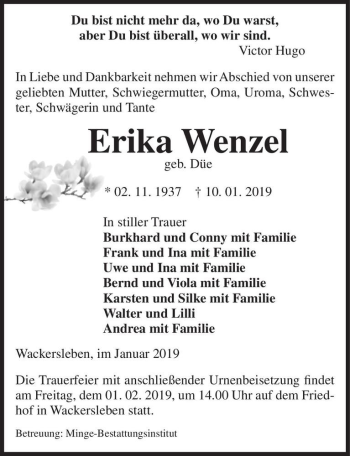 Traueranzeige von Erika Wenzel (geb. Düe)  von Magdeburger Volksstimme