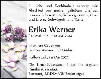 Traueranzeige von Erika Werner  von Magdeburger Volksstimme