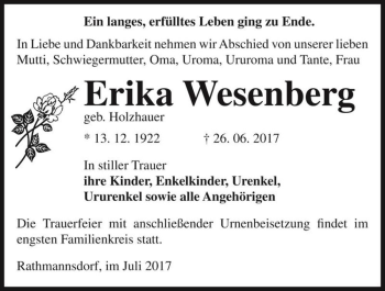 Traueranzeige von Erika Wesenberg (geb. Holzhauer)  von Magdeburger Volksstimme