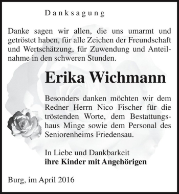 Traueranzeige von Erika Wichmann  von Magdeburger Volksstimme