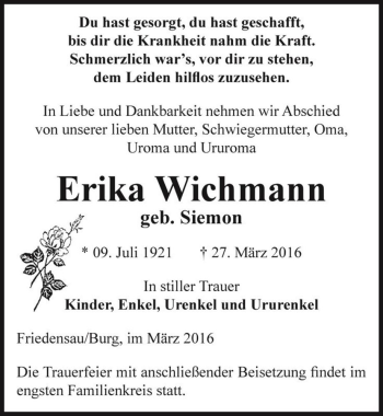 Traueranzeige von Erika Wichmann (geb. Siemon)  von Magdeburger Volksstimme