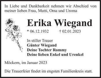 Traueranzeige von Erika Wiegand  von Magdeburger Volksstimme