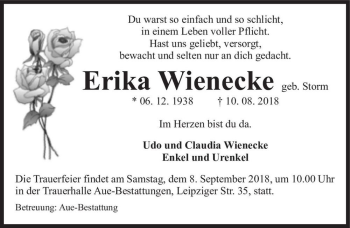 Traueranzeige von Erika Wienecke (geb. Storm)  von Magdeburger Volksstimme