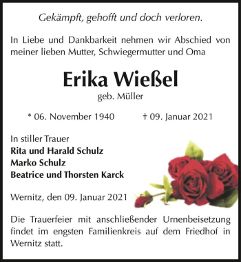 Traueranzeige von Erika Wießel (geb. Müller)  von Magdeburger Volksstimme