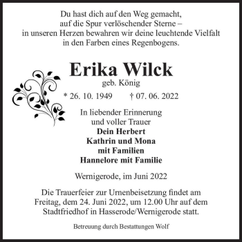 Traueranzeige von Erika Wilck (geb. König)  von Magdeburger Volksstimme
