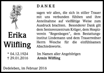 Traueranzeige von Erika Wilfling  von Magdeburger Volksstimme