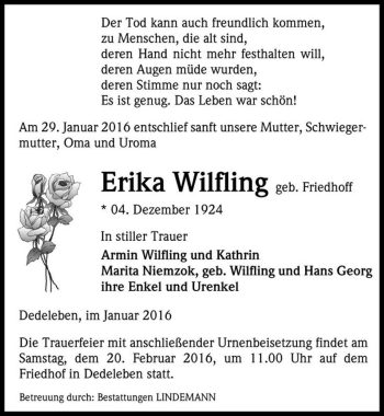 Traueranzeige von Erika Wilfling (geb. Friedhoff)  von Magdeburger Volksstimme