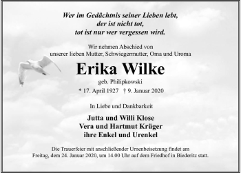 Traueranzeige von Erika Wilke (geb. Philipkowski)  von Magdeburger Volksstimme