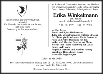 Traueranzeige von Erika Winkelmann (geb. Josuns)  von Magdeburger Volksstimme