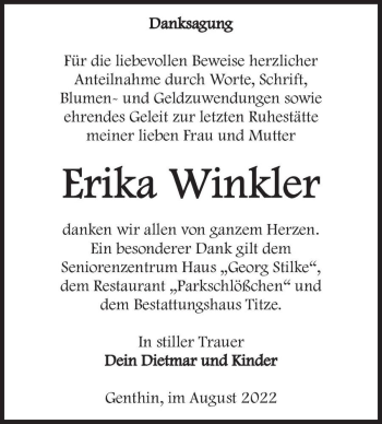 Traueranzeige von Erika Winkler  von Magdeburger Volksstimme