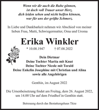 Traueranzeige von Erika Winkler  von Magdeburger Volksstimme