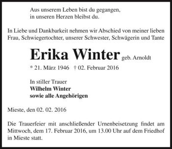 Traueranzeige von Erika Winter (geb. Arnoldt)  von Magdeburger Volksstimme