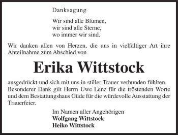 Traueranzeige von Erika Wittstock  von Magdeburger Volksstimme