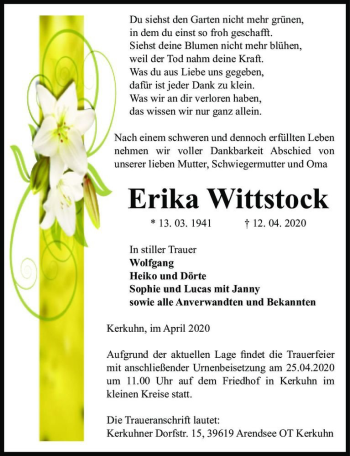 Traueranzeige von Erika Wittstock  von Magdeburger Volksstimme
