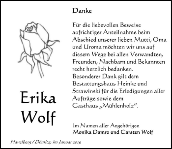 Traueranzeige von Erika Wolf  von Magdeburger Volksstimme