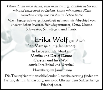 Traueranzeige von Erika Wolf (geb. Arndt)  von Magdeburger Volksstimme