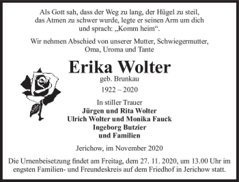Traueranzeige von Erika Wolter (geb. Brunkau)  von Magdeburger Volksstimme