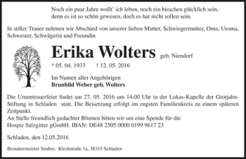 Traueranzeige von Erika Wolters (geb. Niendorf)  von Magdeburger Volksstimme