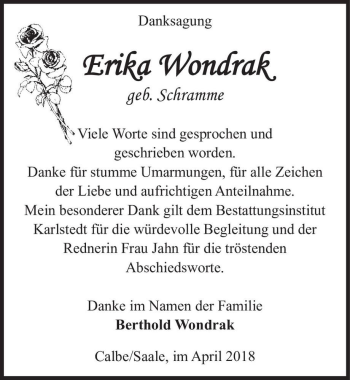 Traueranzeige von Erika Wondrak (geb. Schramme)  von Magdeburger Volksstimme