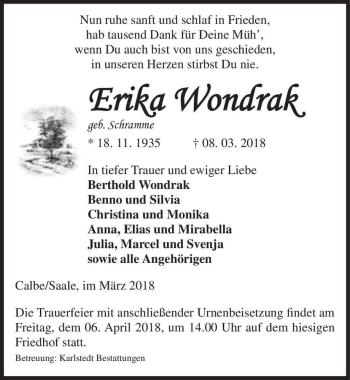 Traueranzeige von Erika Wondrak (geb. Schramme)  von Magdeburger Volksstimme