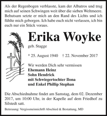 Traueranzeige von Erika Woyke (geb. Stagge)  von Magdeburger Volksstimme