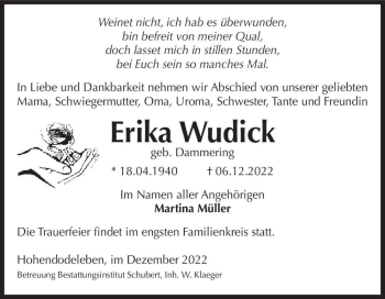 Traueranzeige von Erika Wudick (geb. Dammering)  von Magdeburger Volksstimme