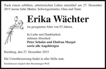 Traueranzeige von Erika Wächter  von Magdeburger Volksstimme